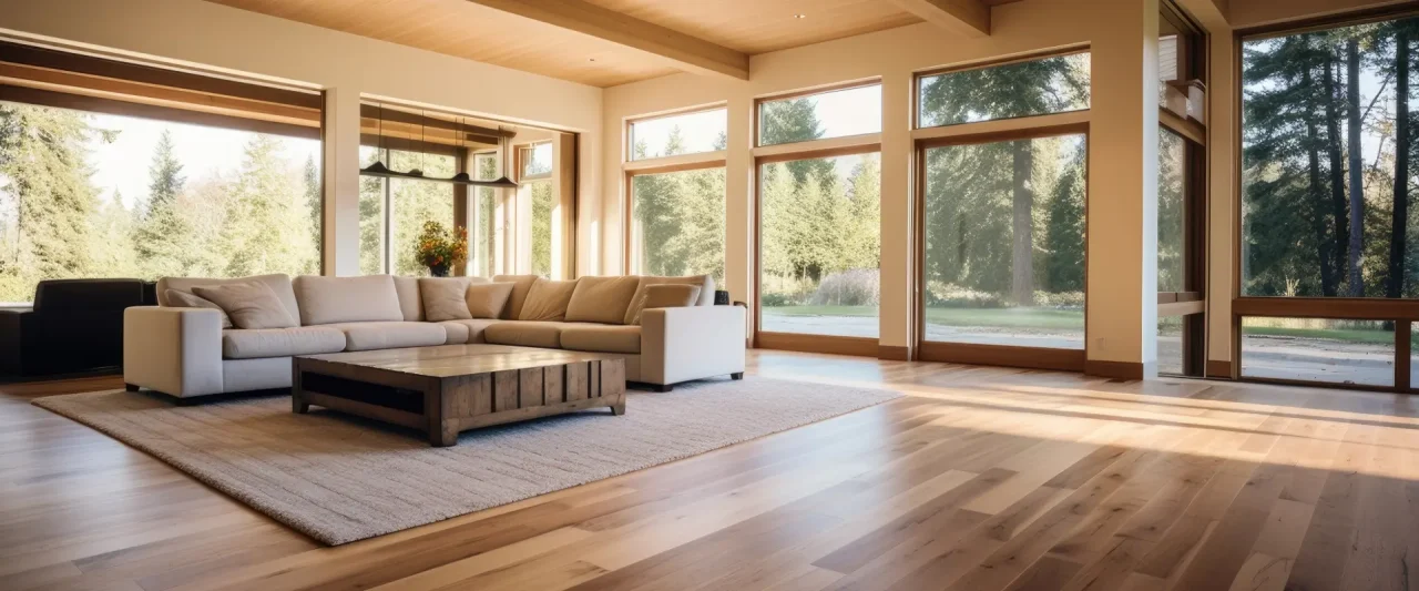 Porcelanato símil madera en living moderno con vista al exterior