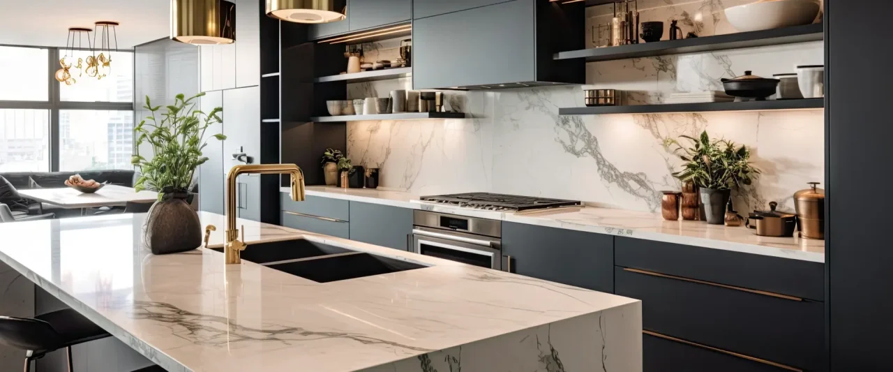 Porcelanato efecto mármol en cocina moderna con grifería dorada